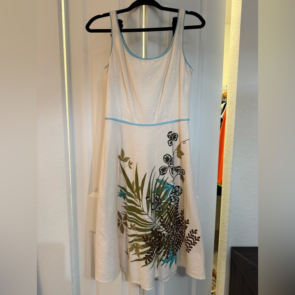 LOFT Cream Midi Dress with Blue and Brown Floral Accents